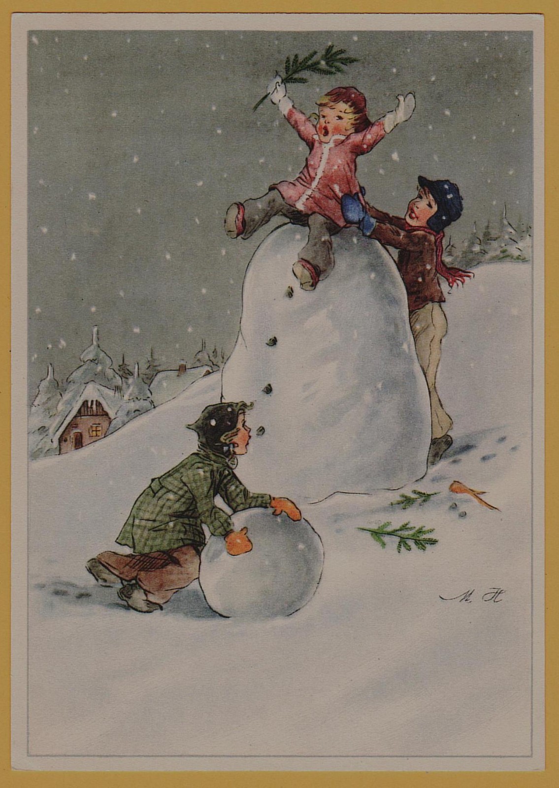 Children Snowman Christmas Winter Snow Scene Illustrated Antique Postcard
