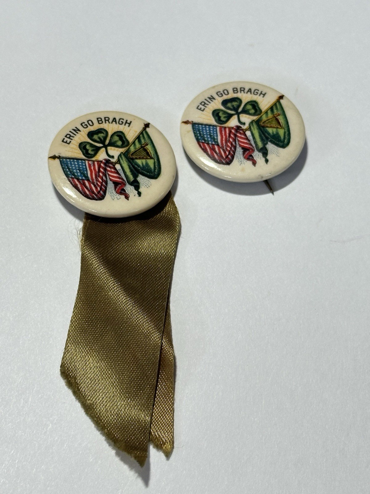 Vintage St. Patricks Irish Flag Erin Go Bragh Ribbon Pinback Button Shamrock