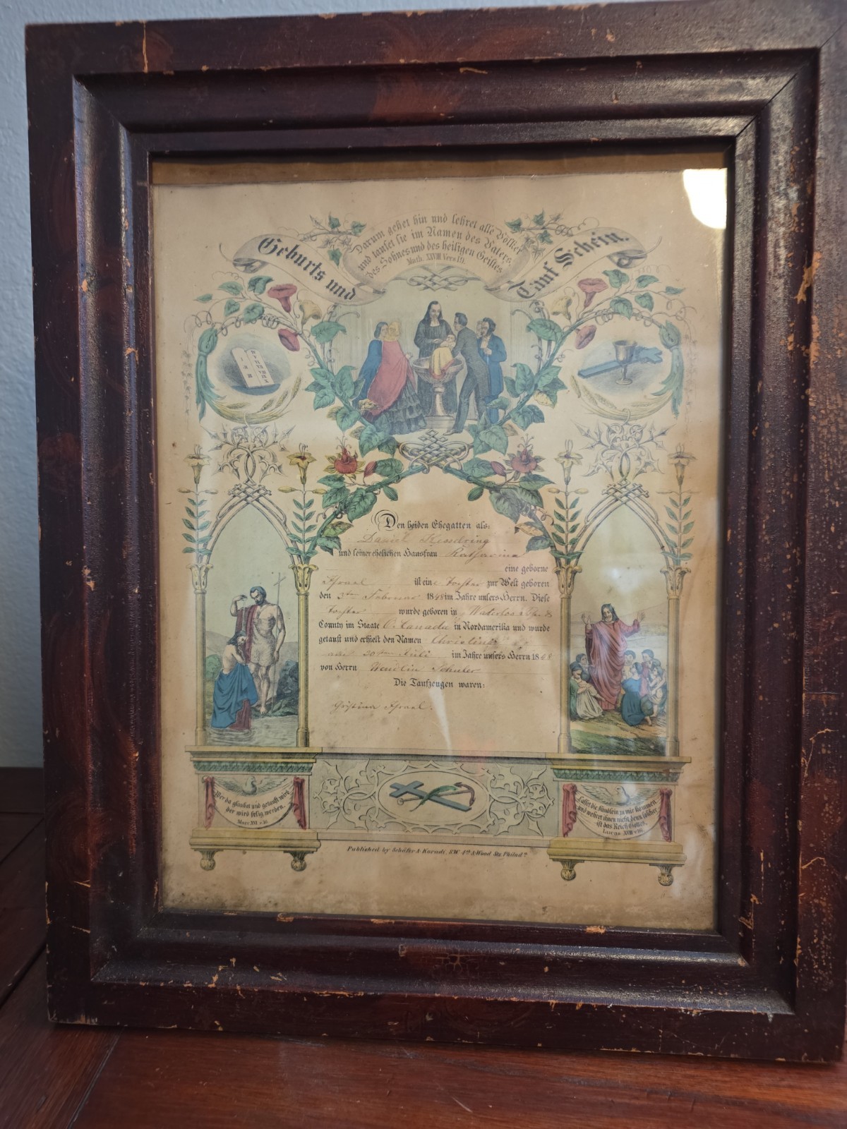 Antique Framed German Baptism Certificate from 1848