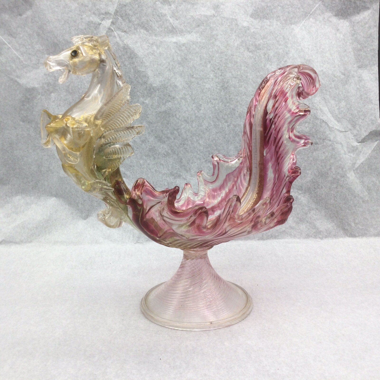Antique Venetian Winged Horse Hand Blown Footed Compote Bowl Gold Cranberry