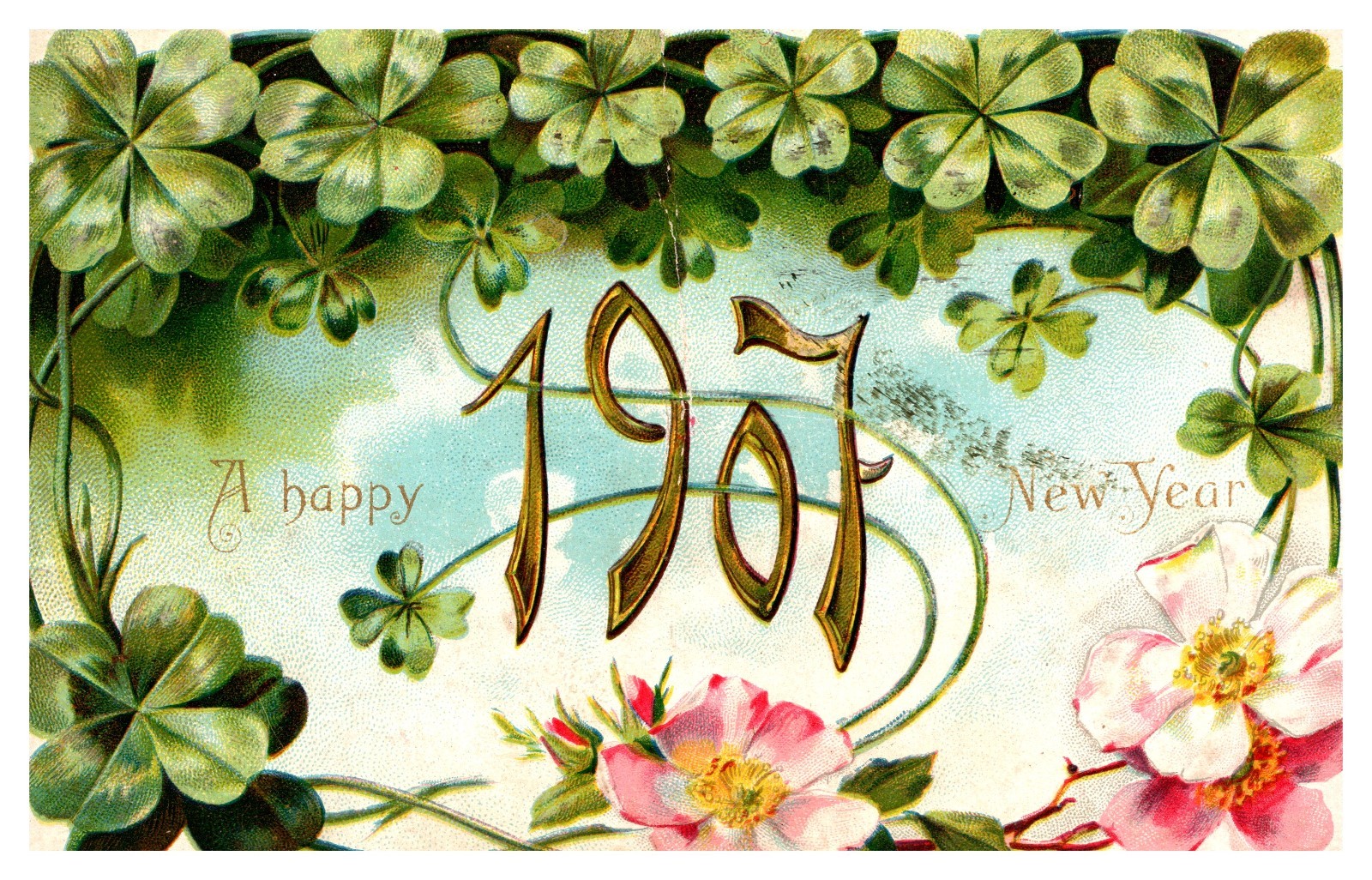 Beautiful Happy New Year 1907 4 Leaf Clover Primrose Embossed Floral Dreisden-A6