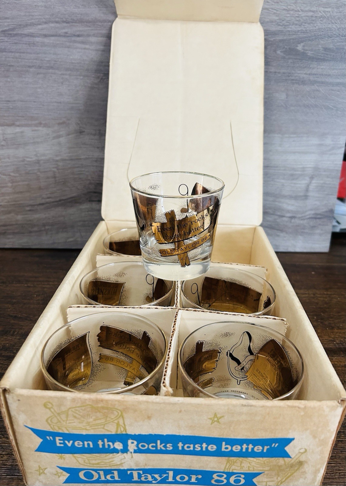 Vintage Set Of 6 Old Taylor Whiskey Rocks Glasses in Original Box