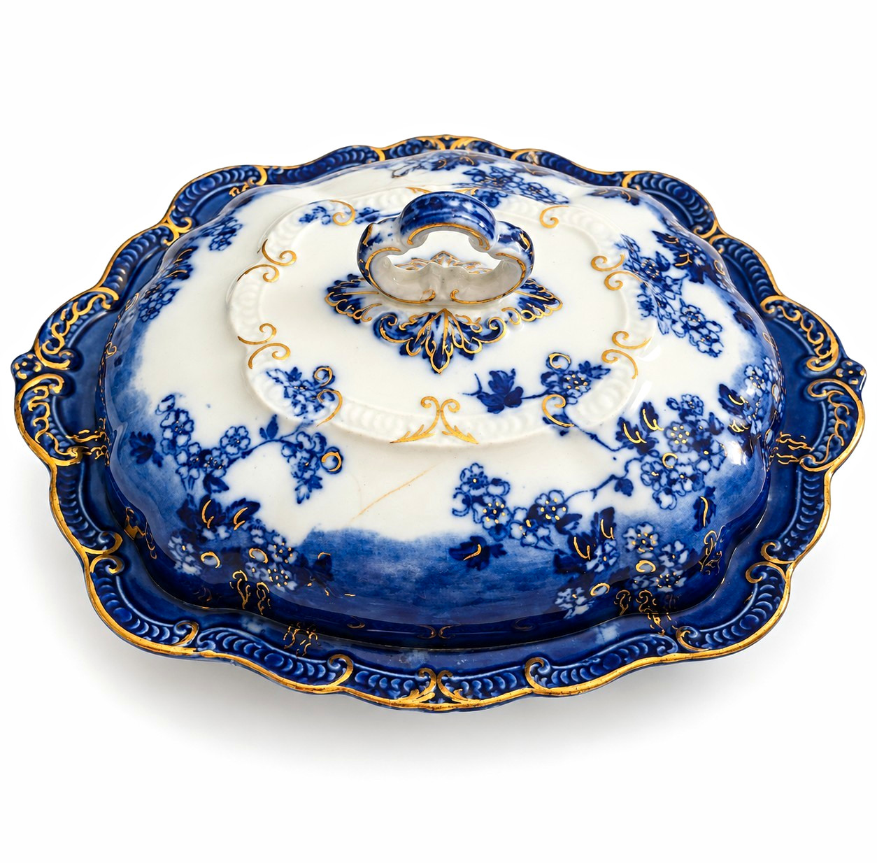 Antique Ridgways Lugano Flow Blue Covered Serving Dish Gold Trim England