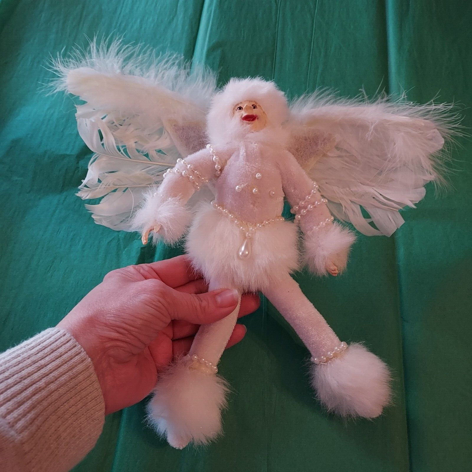 Lovely VTG Victorian Angel Fairy Elf White Beaded Christmas Ornament Feathers