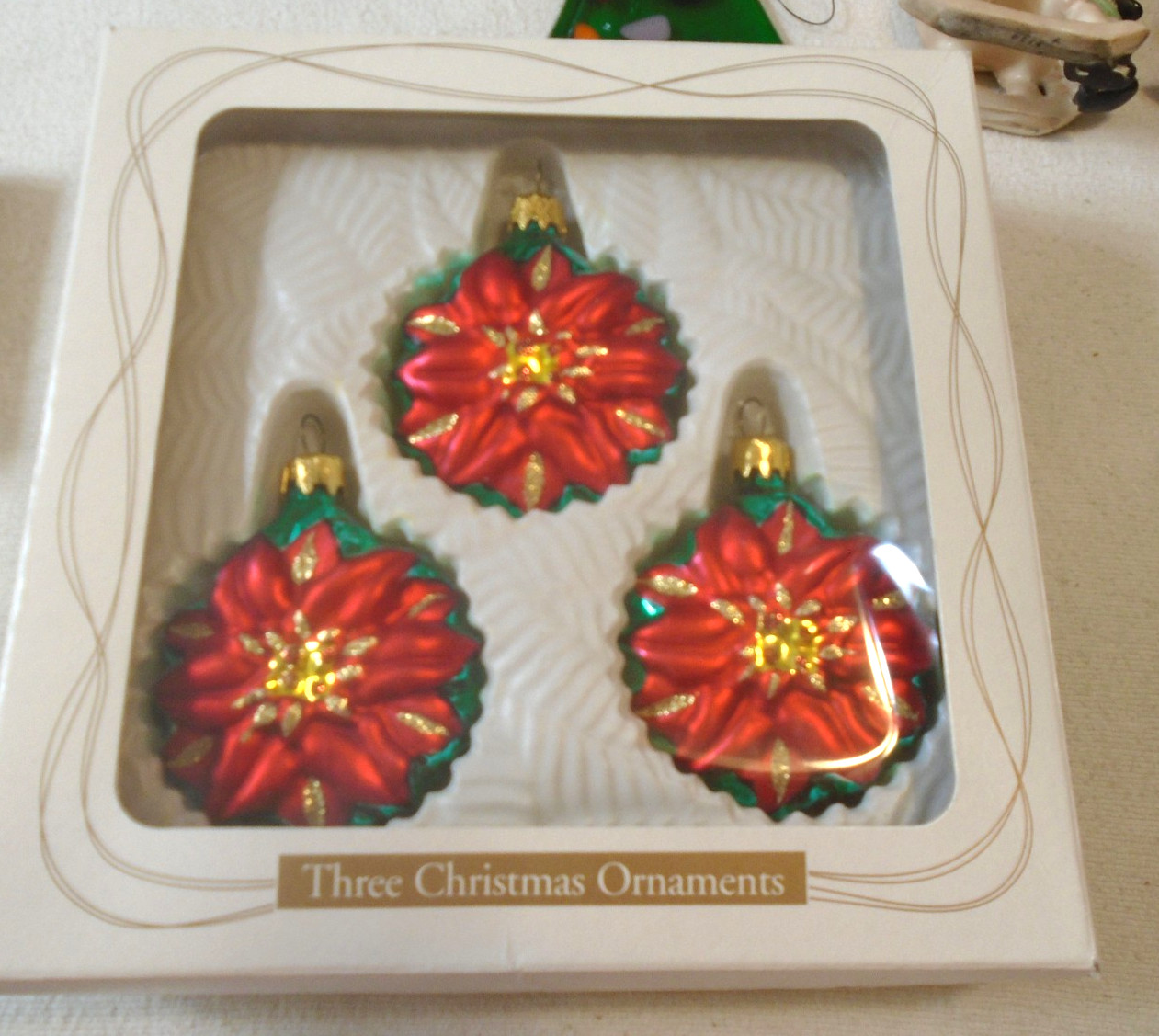 Vintage 1998  Blown Glass Poinsettia Ornaments - Lot of 3 with Original Box