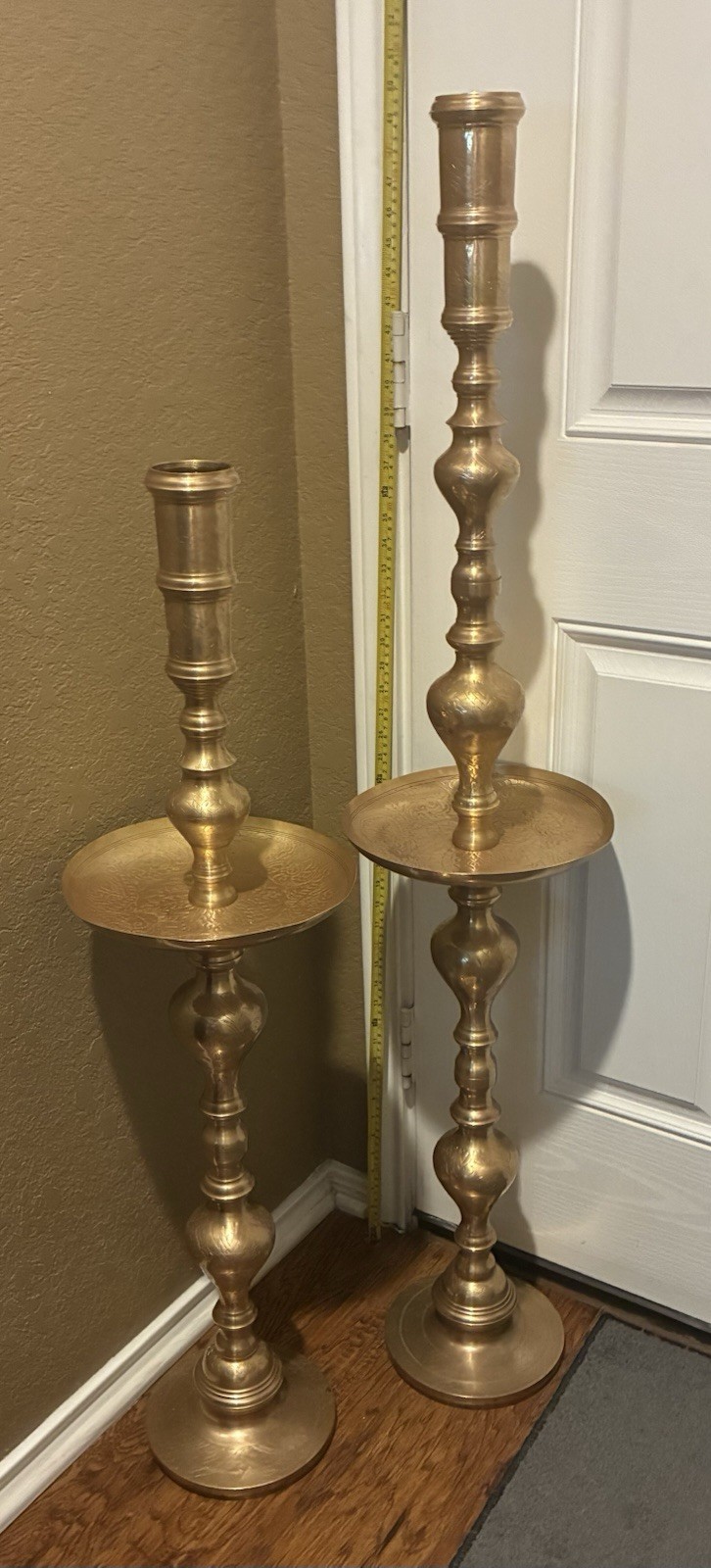 Huge Vintage Brass Candleholders, Etched Detail 50 & 40”  Tall & 10” Diameter