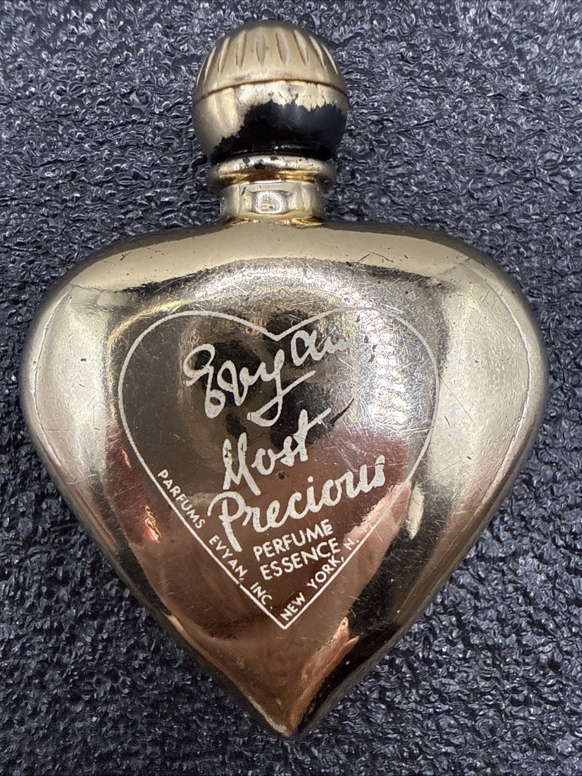 Vintage Evyan Most Precious Perfume Essence Gold Heart Shaped Glass Bottle READ
