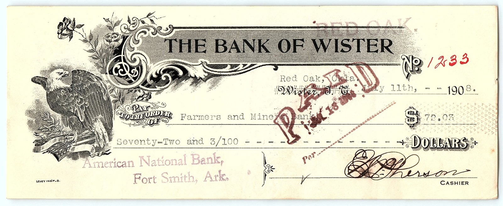 1908 The Bank of Wister Red Oak OK Canceled Check