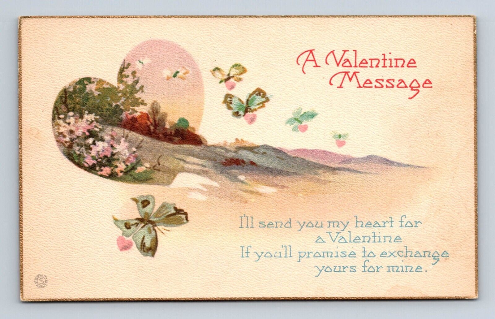 Valentine\'s Day Message Send Heart Yours For Mine Butterfly\'s Vintage Postcard