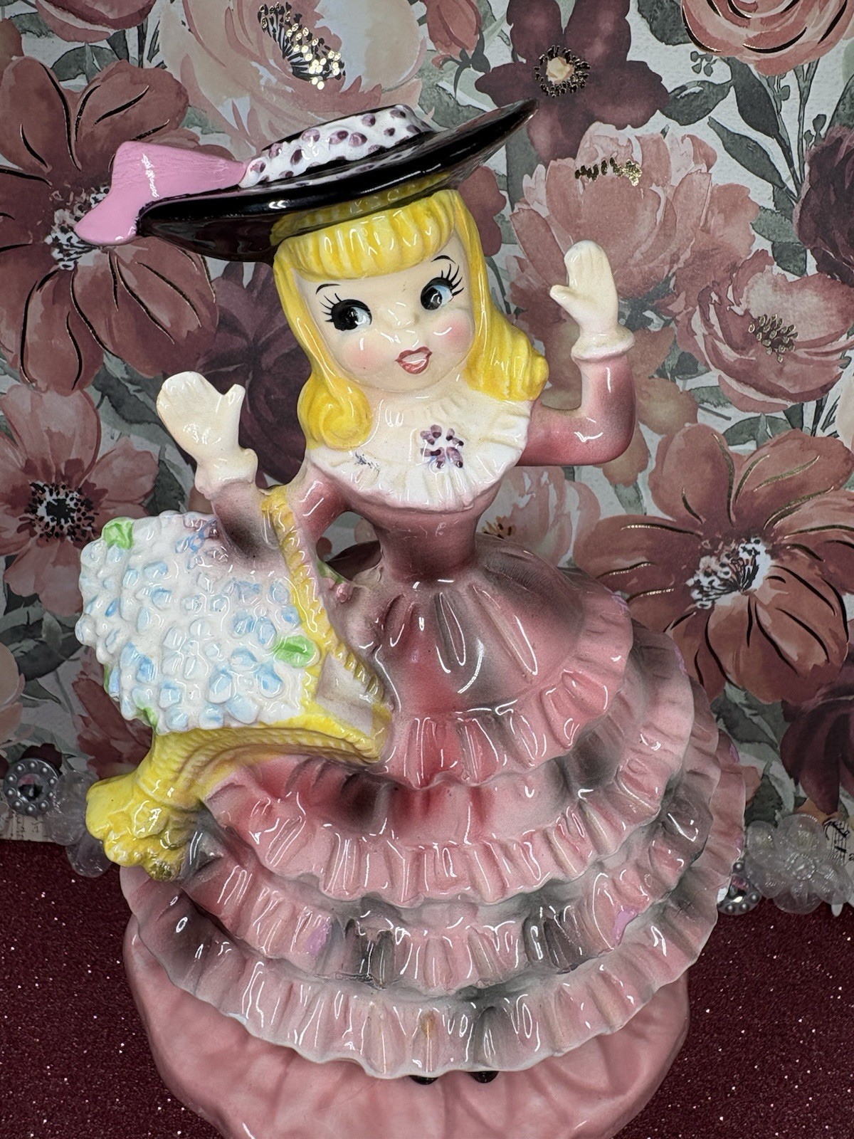 Vtg Consco Girl In Black & Pink Hat & Dress Napkin Holder Lady Figurine Japan