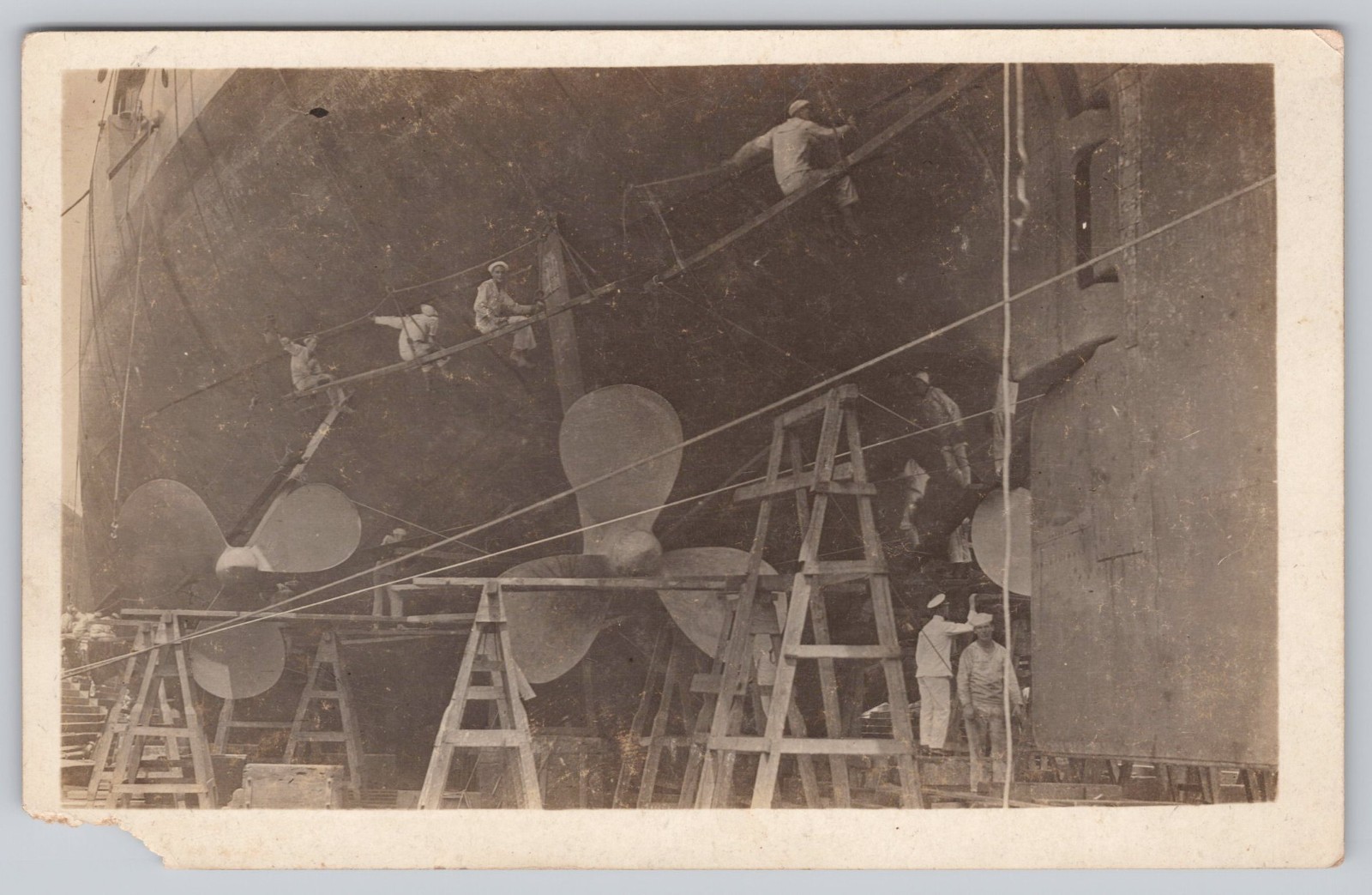 Scenic View Workers Ship Propellers Maintenance RPPC Real Photo Postcard