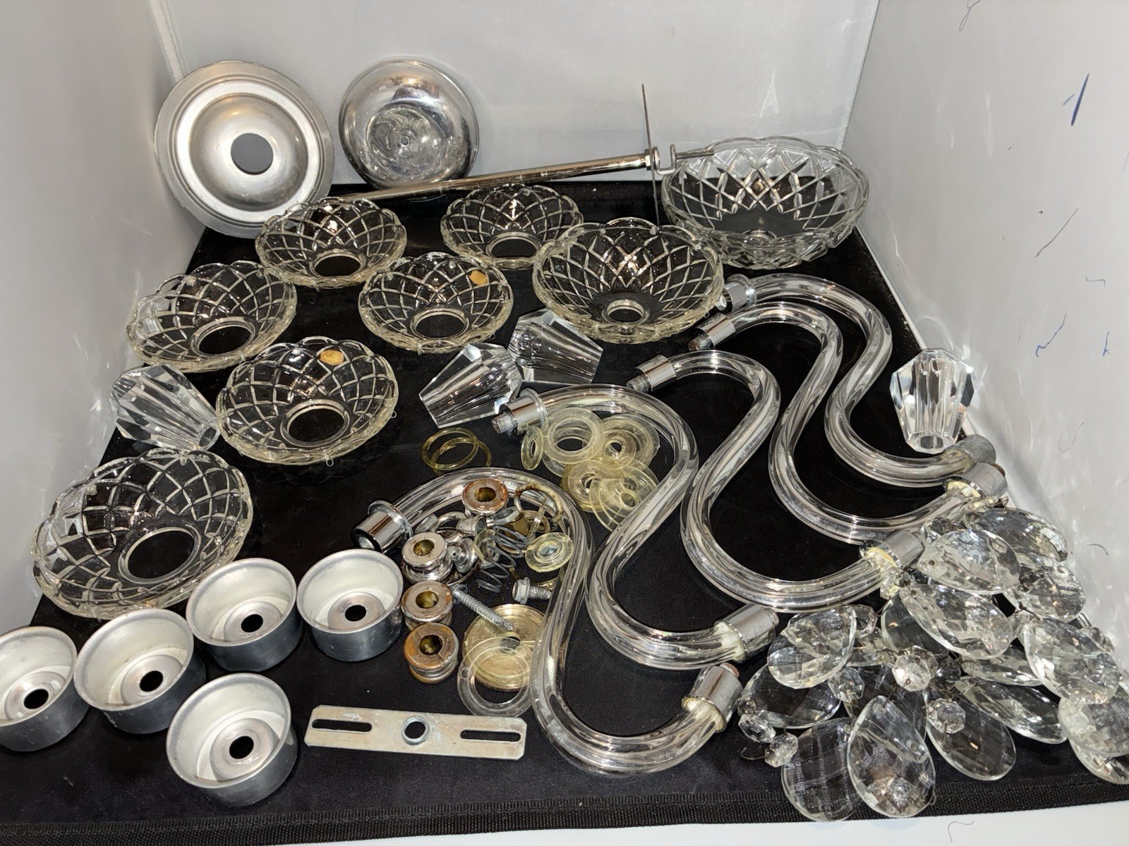 Vintage Large Chandelier Parts Lot Crystal  Hardware Prisms Arms Lot