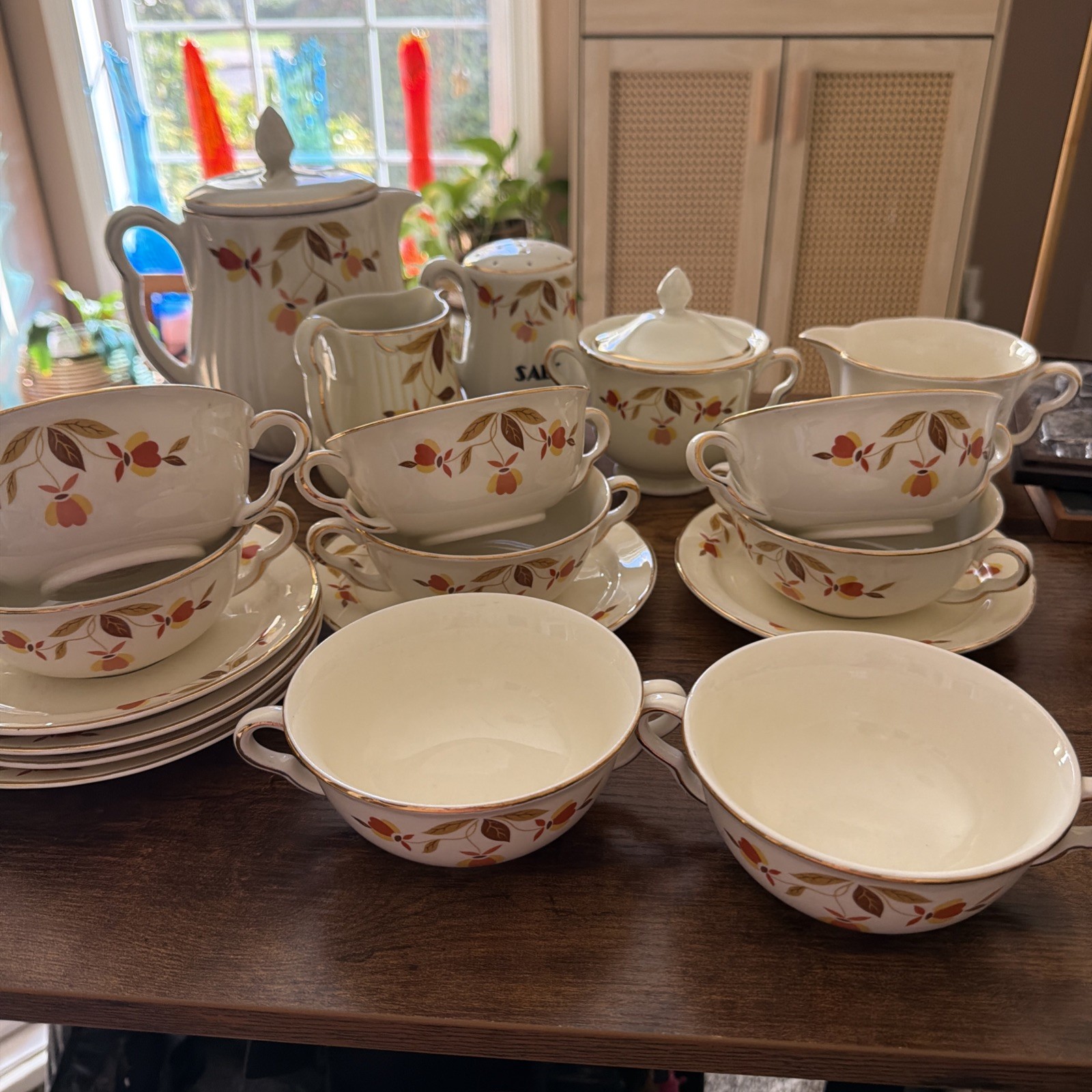 19 Pieces Jewel Tea Autumn Leaf  Items Listed  Soup,Cream, Sugar, Coffee Pot