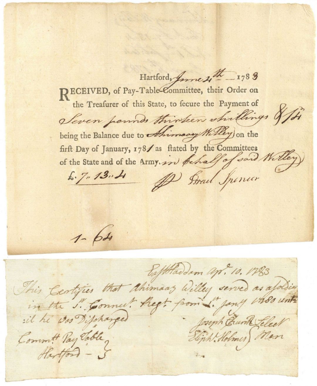 1780's dated Pair of Documents - Revolutionary War Soldier Pay Order - America