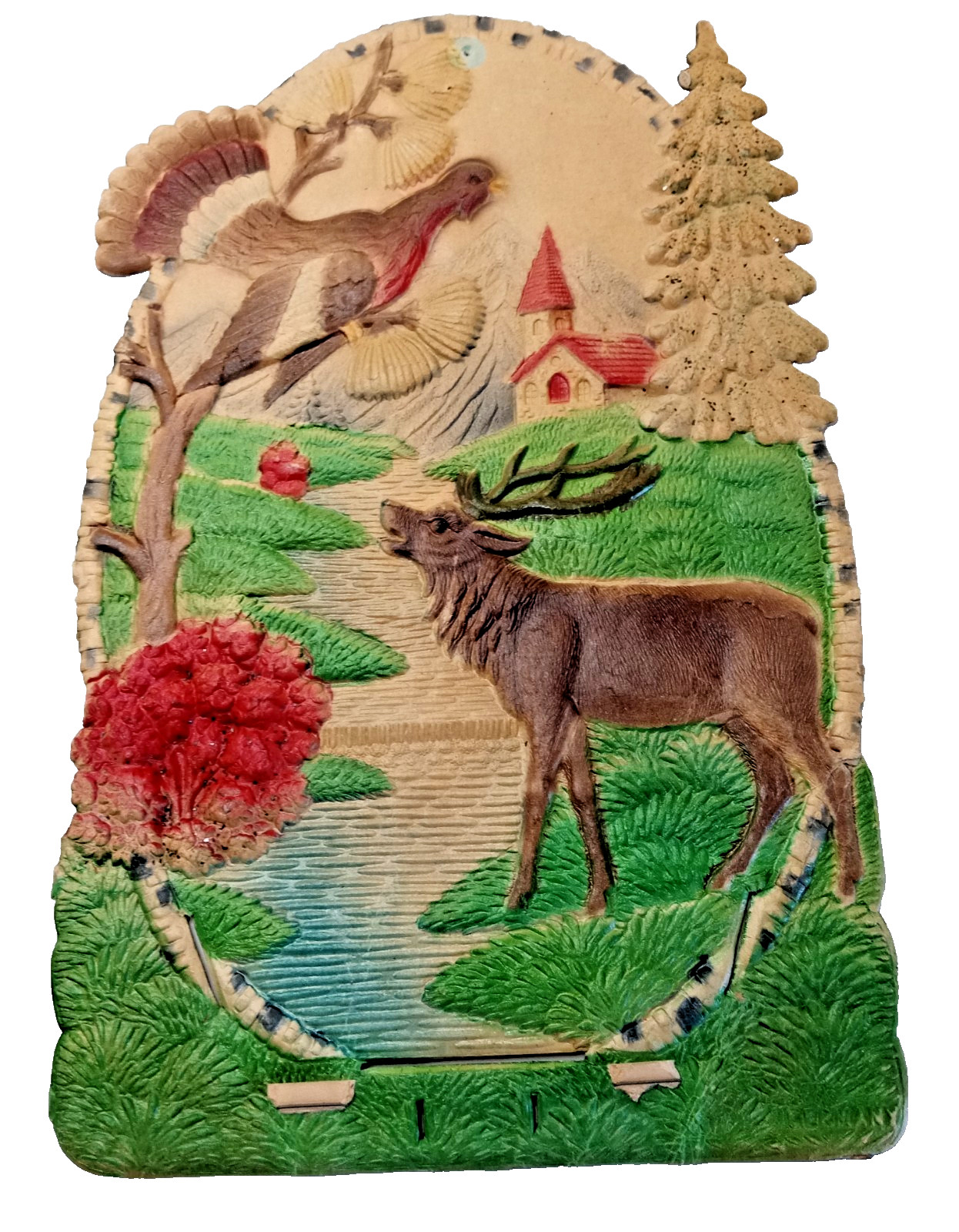 Antique Die Cut  Pressed Embossed Cardboard Calendar Holder Elk Partridge Church