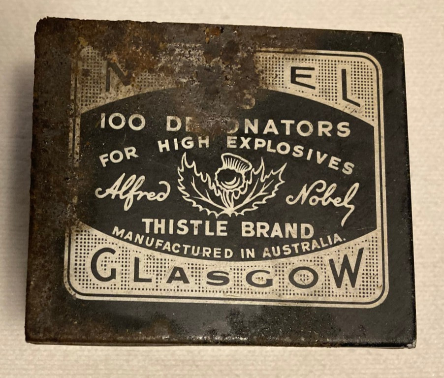 ANTIQUE NOBEL GLASCOW #6 THISTLE BRAND 100 DETONATORS HIGH EXPLOSIVES TIN AUS