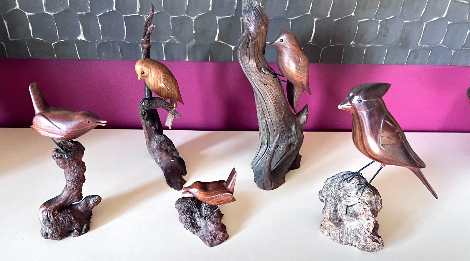 RARE Vintage K.E.Carl hand Carved Wood Birds Lot of *5* 1975-79 Driftwood