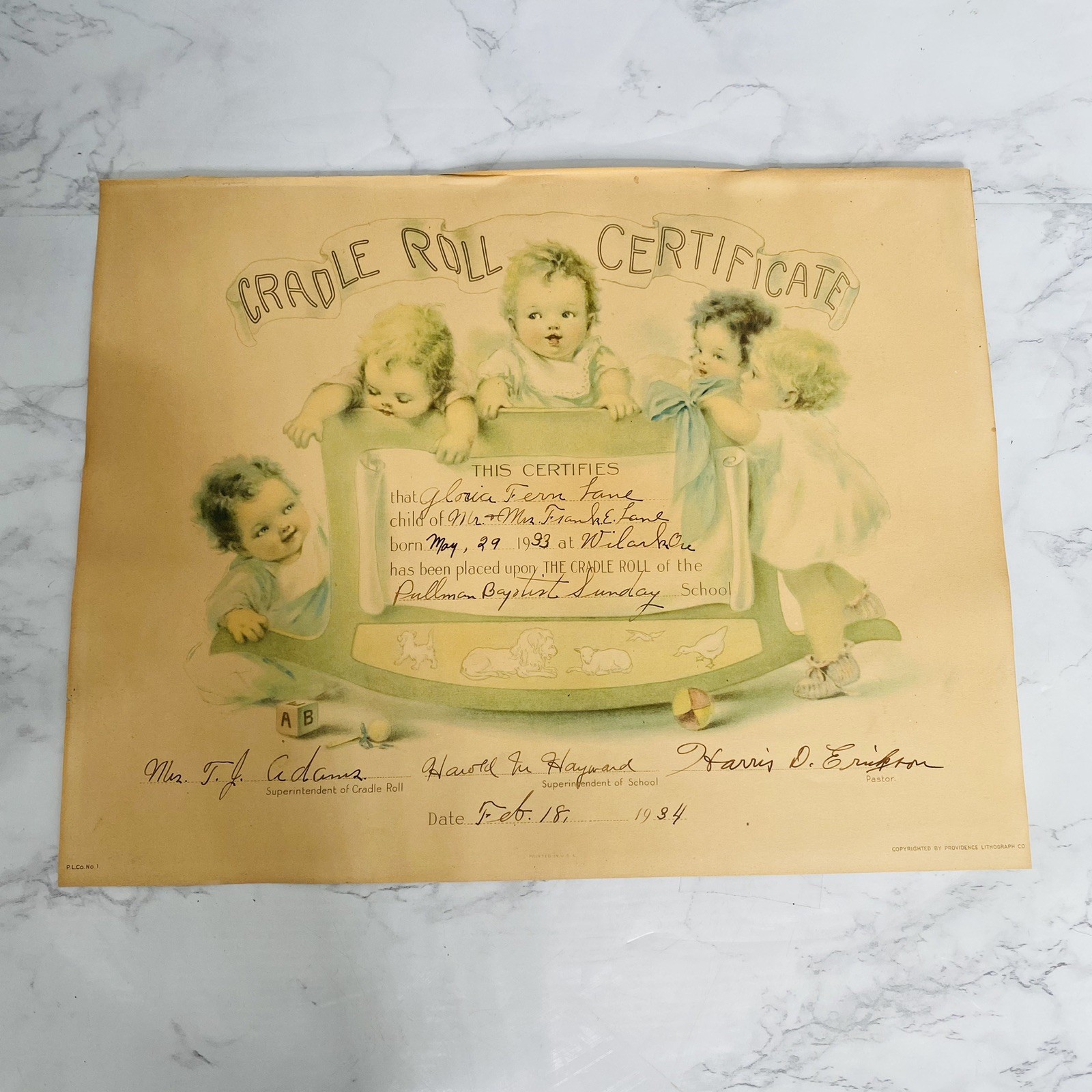 Vtg 1930s Cradle Roll Certificate BABIES Baptist Sunday School 1934