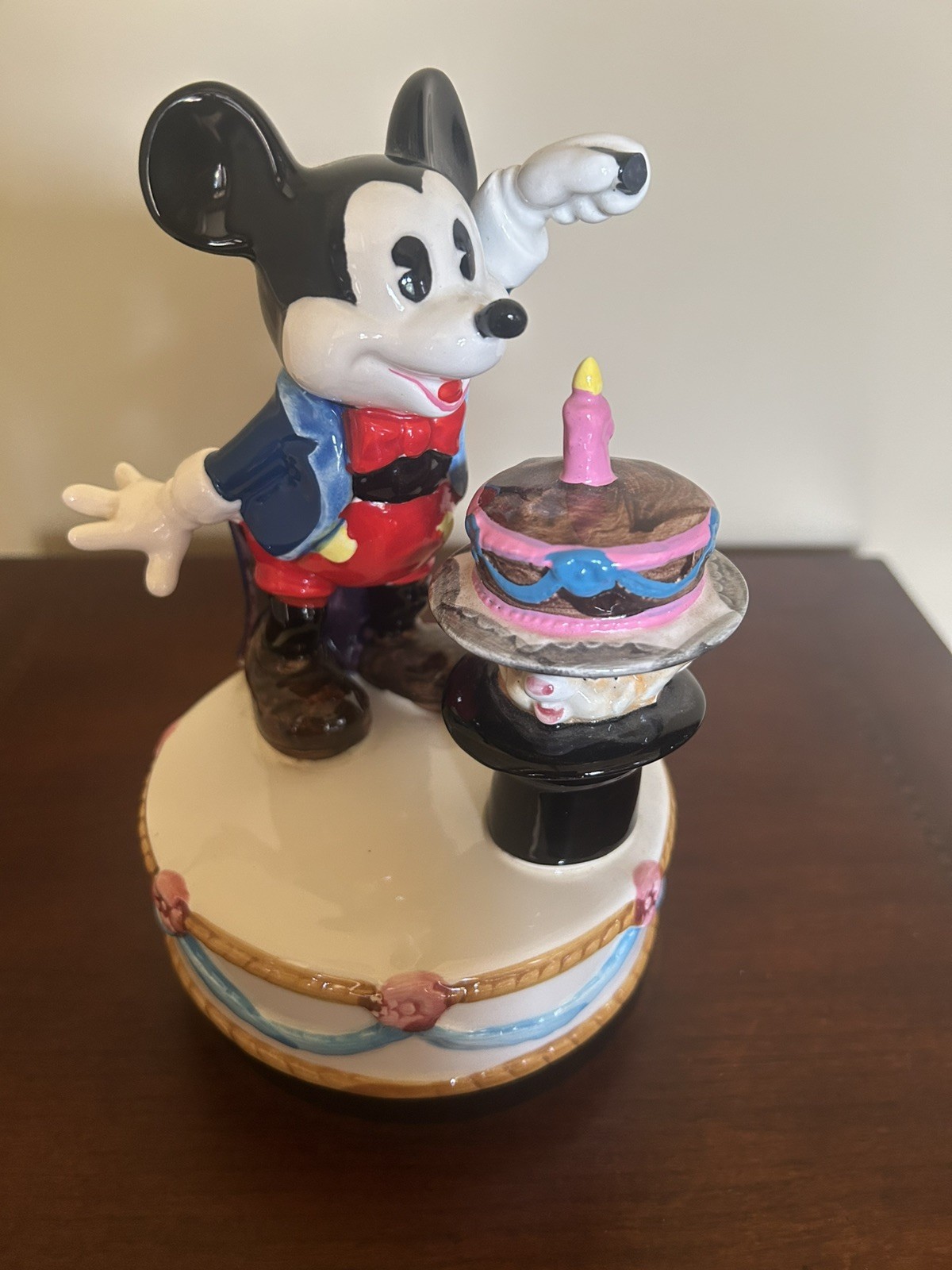 Vintage Schmid Disney Mickey Mouse Magician Birthday Cake Ceramic Music Box