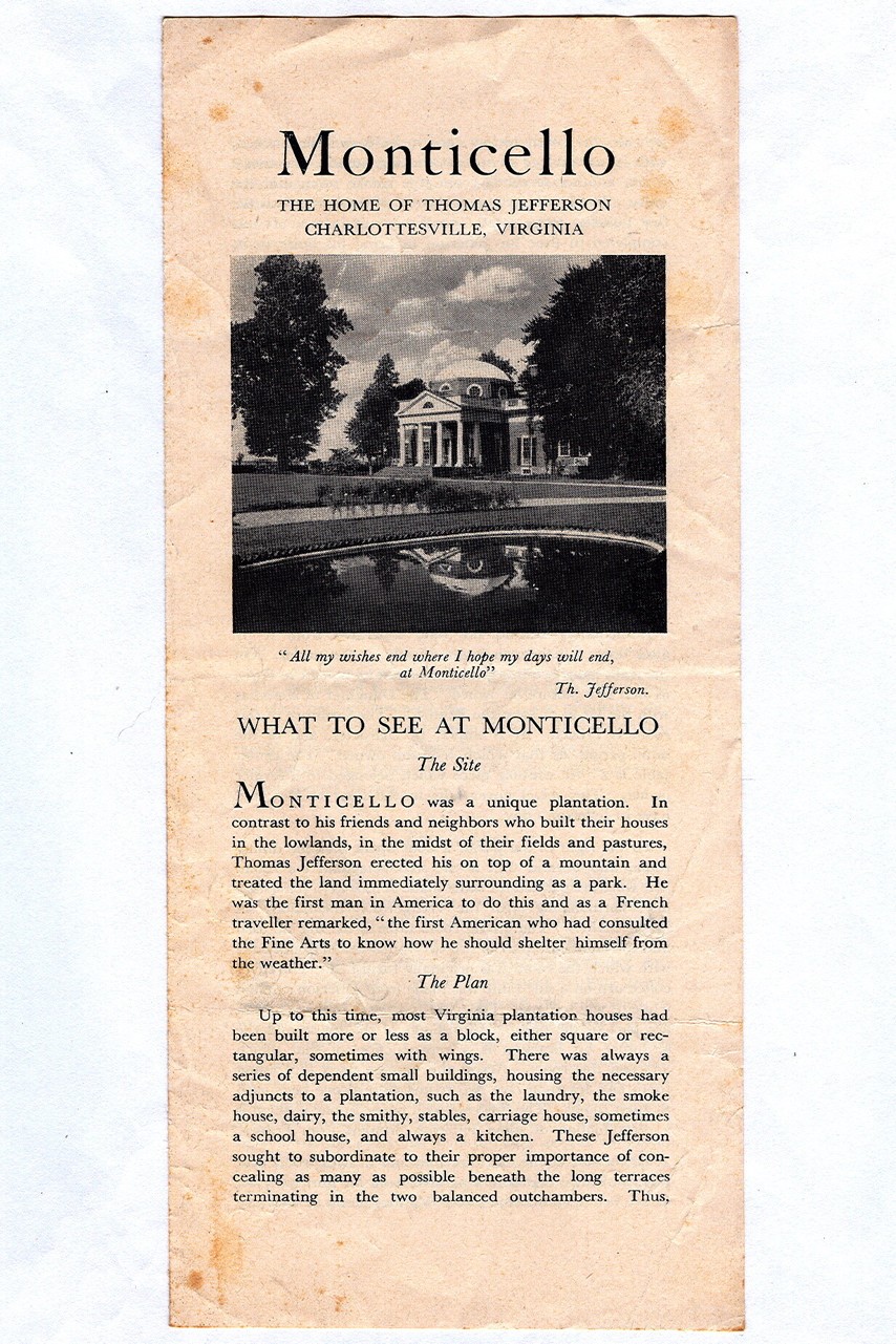 Vintage 1950s Jefferson MONTICELLO Charlottesville VIRGINIA Souvenir Pamphlet