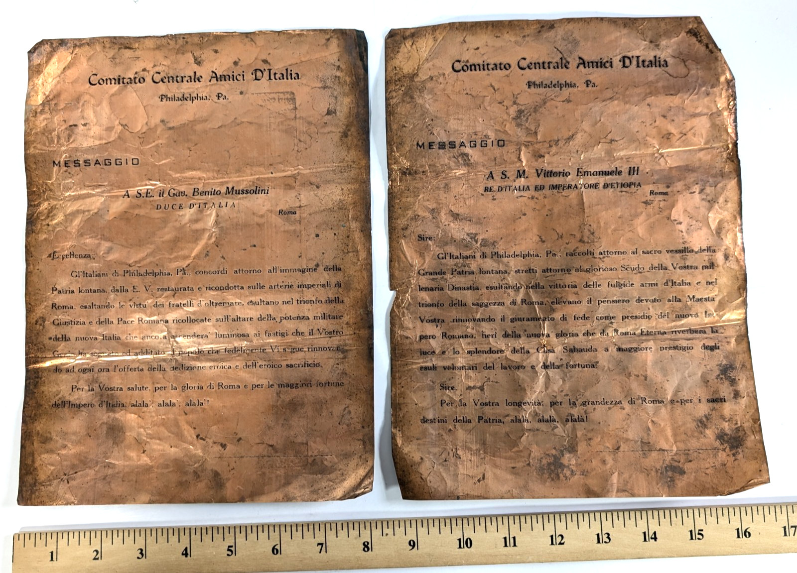 1930s Philadelphia Italian-American Copper Documents Mussolini & King Savoy Lot
