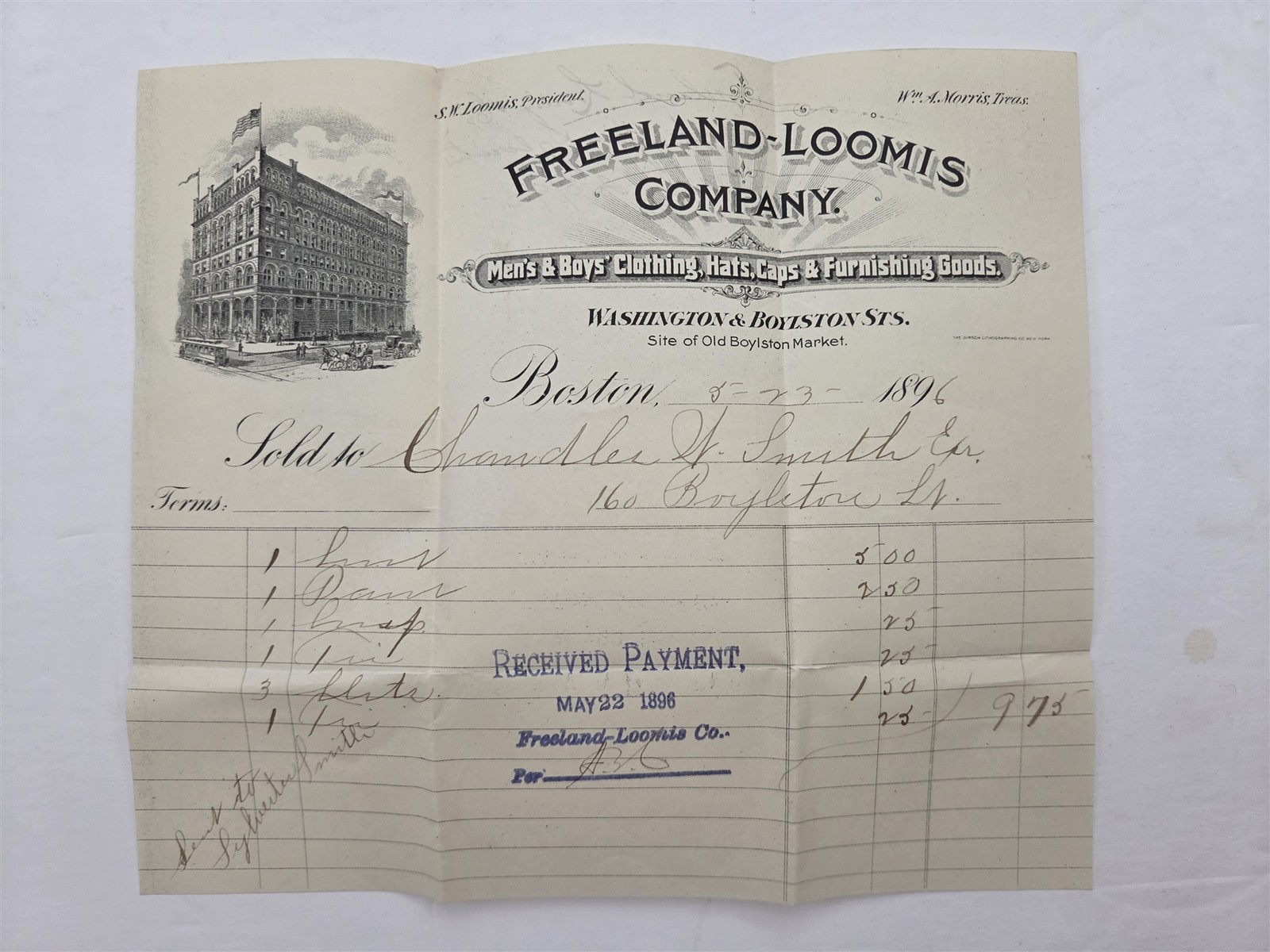 1896 antique FREELAND-LOOMIS COMPANY boston ma MEN\'S CLOTHING illus RECEIPT