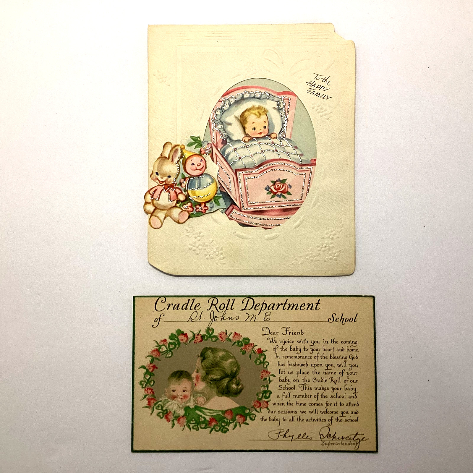 ANTIQUE NEW BORN BABY CARDS CRADLE ROLL DEPARTMENT & THE HAPPY FAMILY LOT OF 2