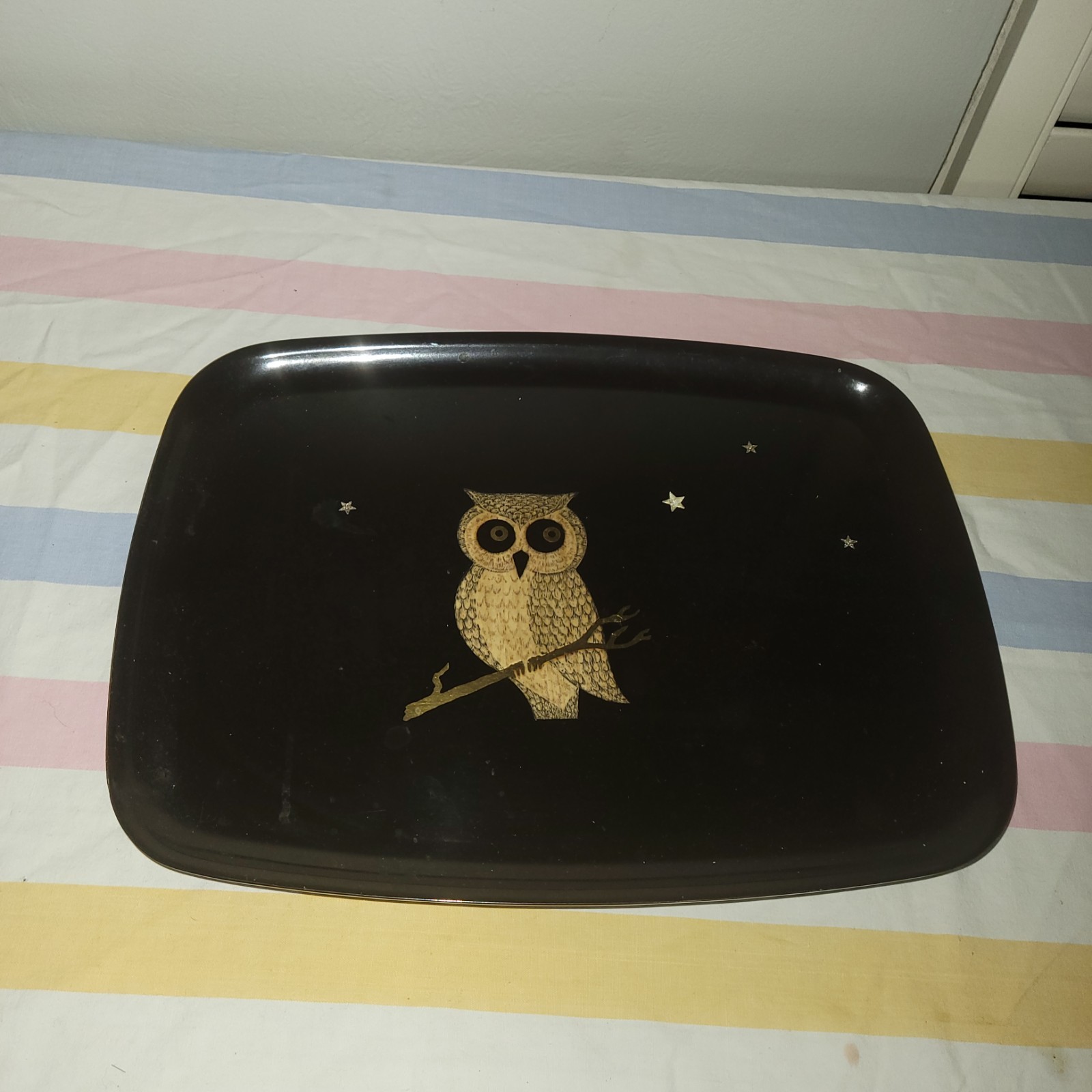 Vintage, Mid Century Couroc Black Enamel Tray With Owl FAST SHIPPING