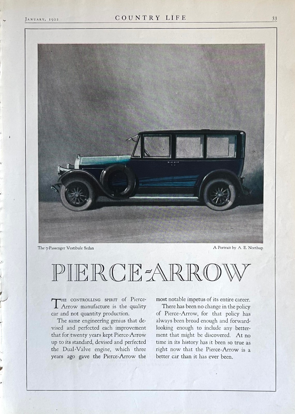 1922 Ad (10  X  14 inches) Pierce Arrow 7-Passenger Vestibule Sedan A E Northrup