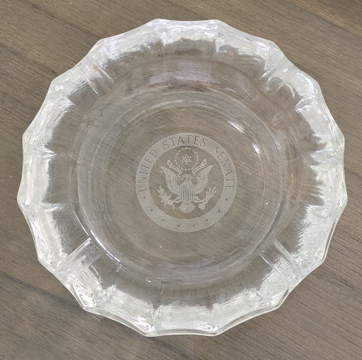 Vintage 1960\'s UNITED STATES SENATE Etched Ashtray Fostoria Glass Crystal 5.5 In