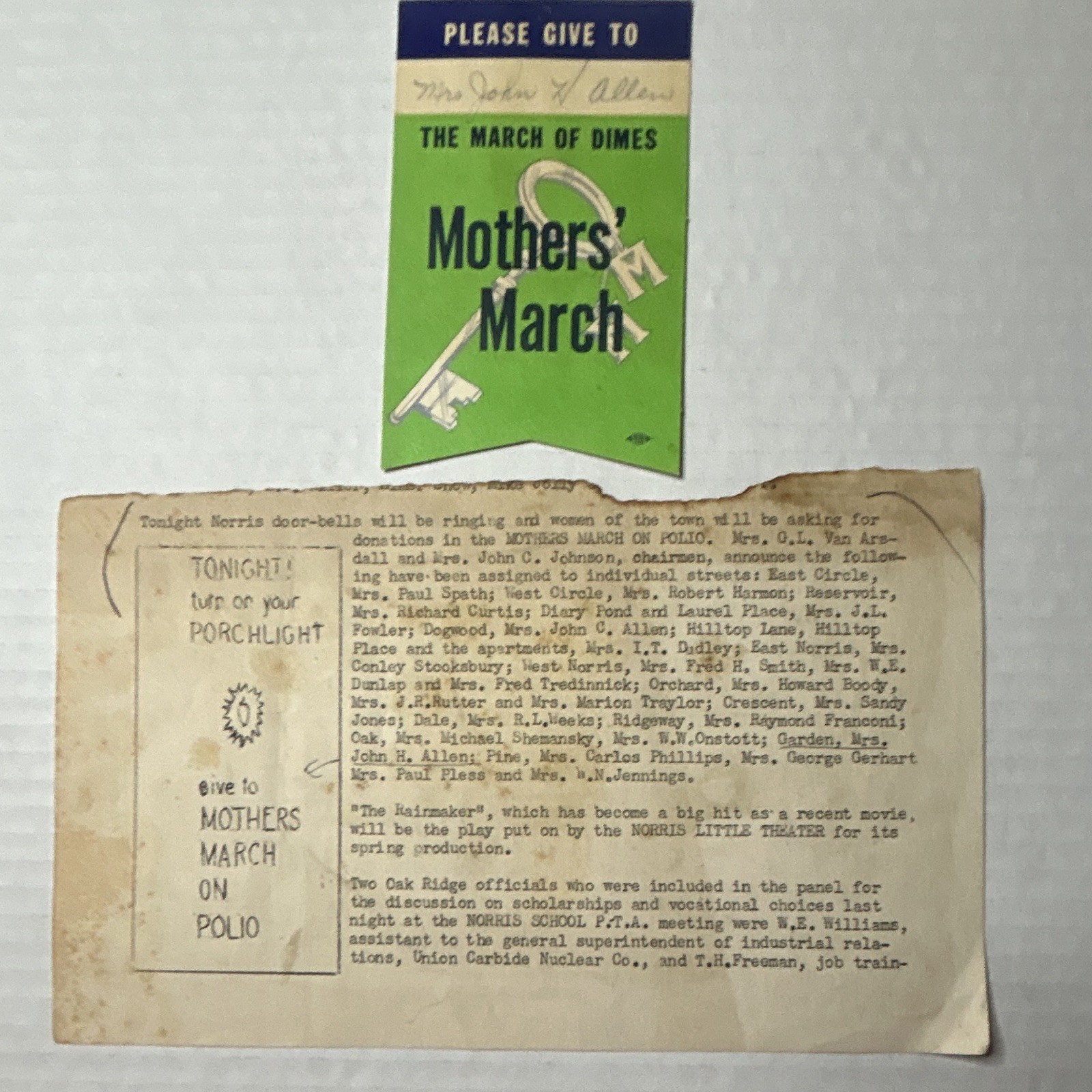 Vintage 1957 March of Dimes Polio Mothers March Norris TN bulletin and badge
