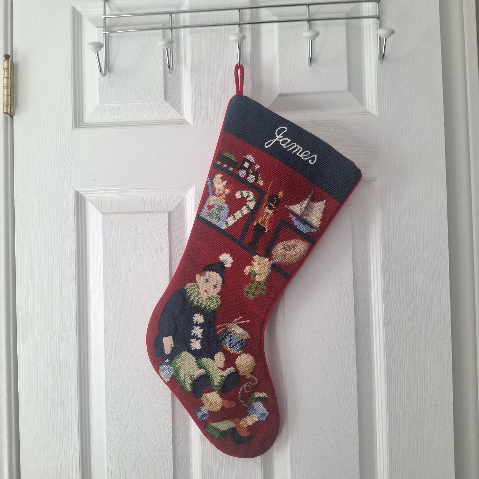SFERRA Needlepoint Christmas Stocking Pixie Boy Toys I  9.5\