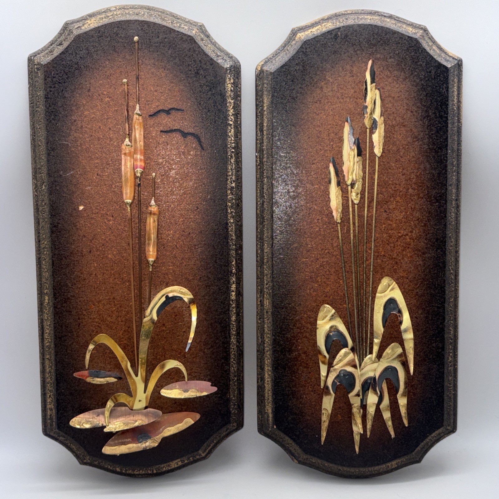 Vintage MCM Brutalist Metal Cattail Wall Art Plaques Pair 3D Brass Copper 18x8