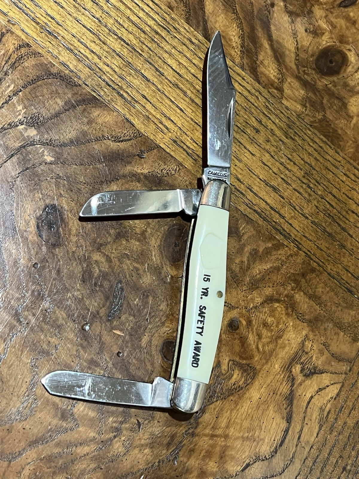 Vintage Camillus 65 Stockman 3-Blade Pocket Knife Safety Award White Handle NY
