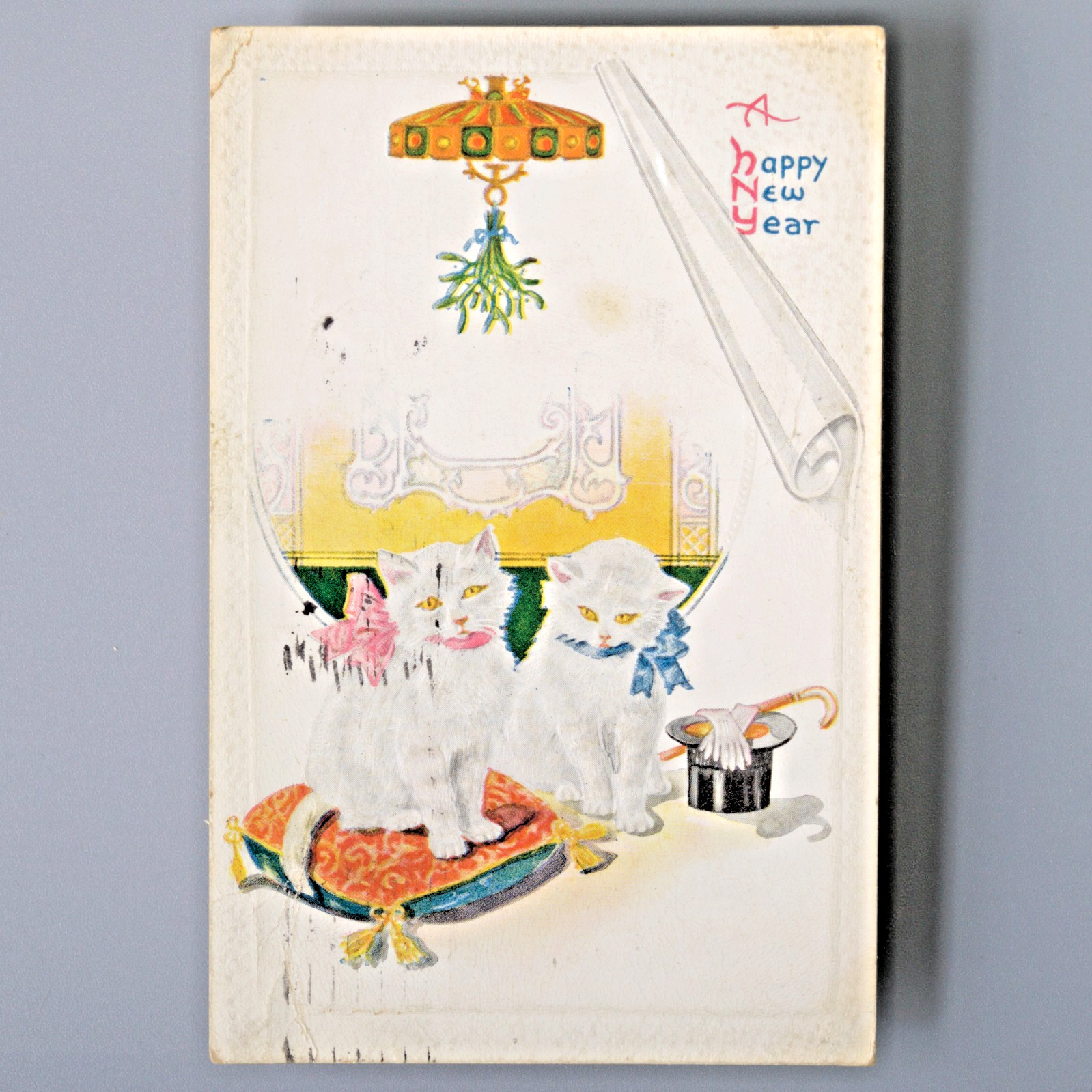 Vintage 1907 Happy New Year Cats Kittens Antique Postcard Undivided Back  KC MO