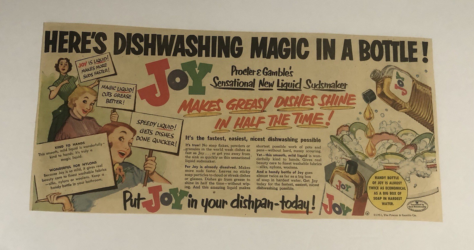 (1950’s) Joy Dish Soap Advertising Newspaper ad