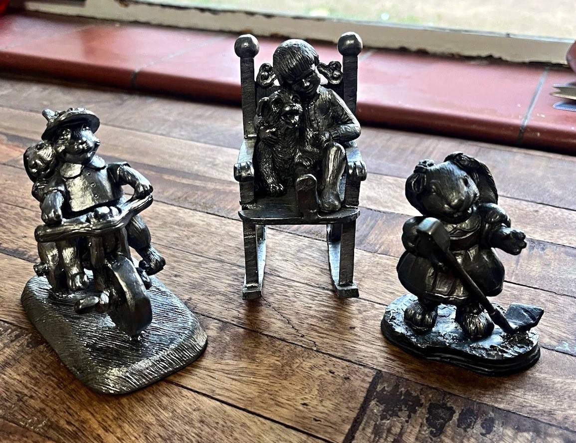 Lot of 3 Vintage Michael Ricker Pewter Figurines Rabbits Tricycle Boy Rocking Ch