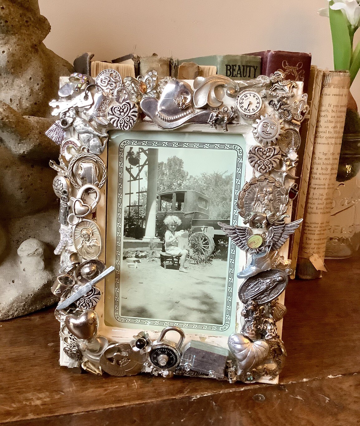 Mixed Material 5”X 7” Frame Embellished w/Silver Charms Jewelry Etc.
