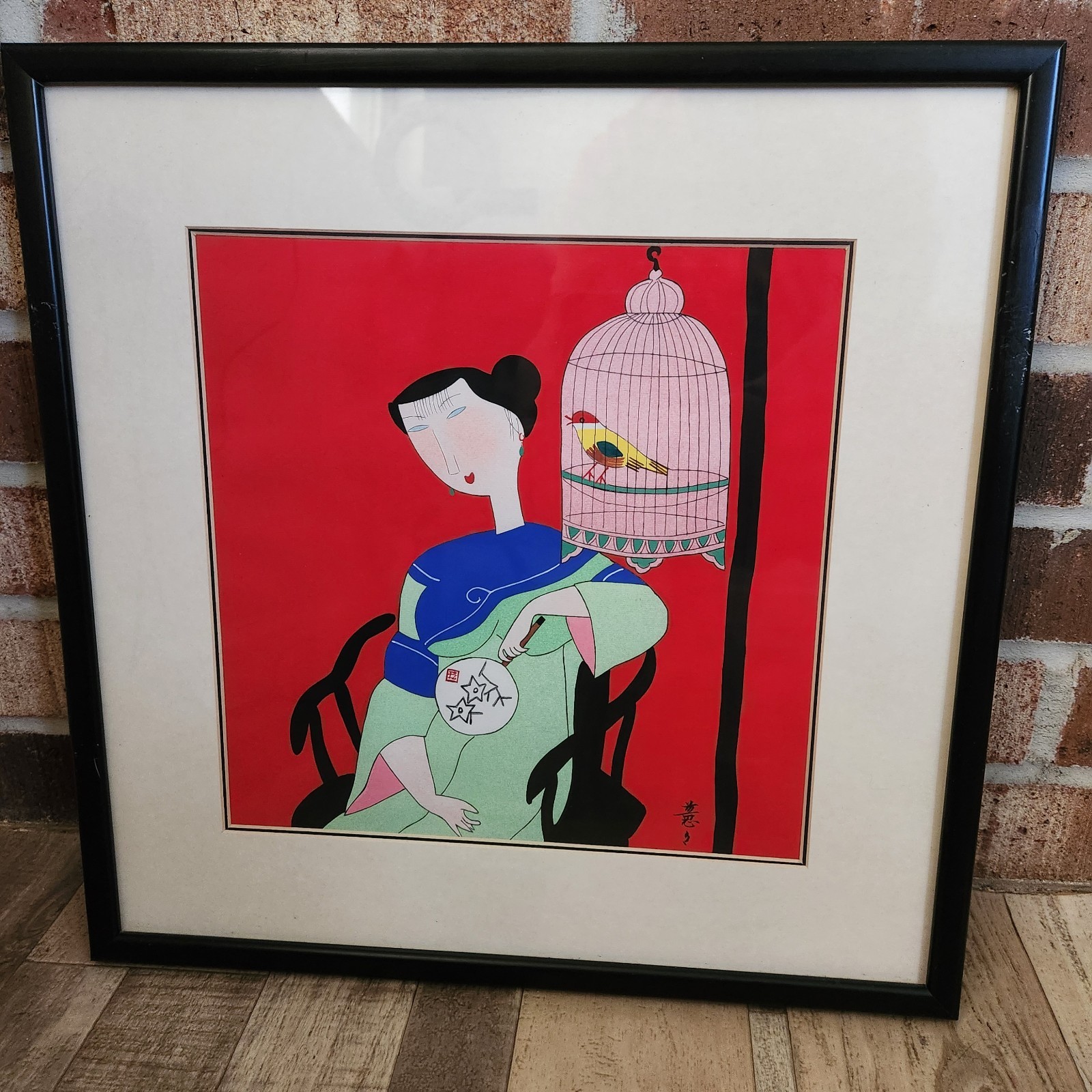 HU YONGKAI Style Watercolor Gouache Art Piece Modernist Lady & Bird Colorful Art