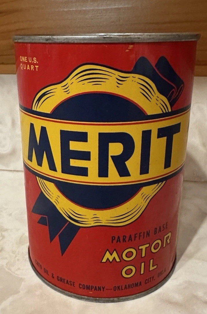Vintage Merit Motor Oil Can Quart, Oklahoma City, (FULL) Original Rare NOS