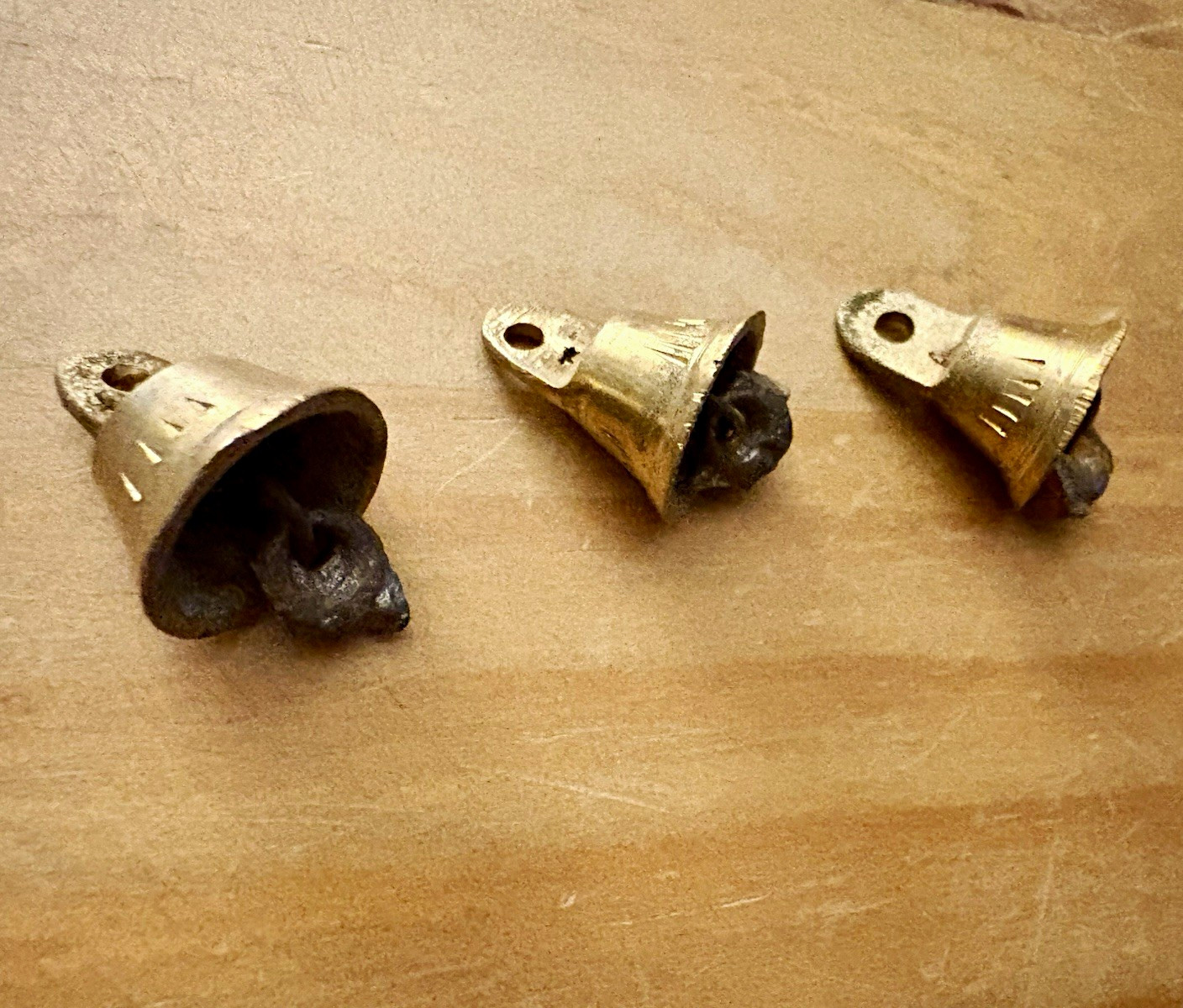 Lot of 3 Small Miniature Gold Tone Metal Hanging Bells w/ Clappers, Decorative