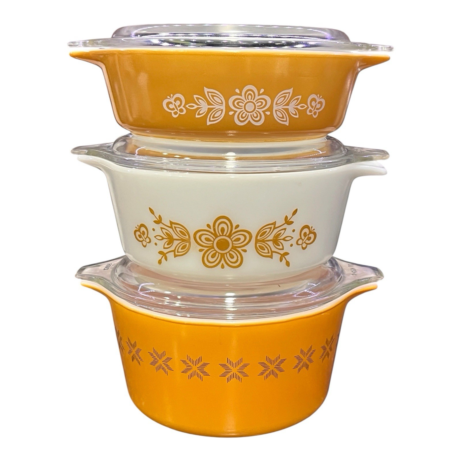 Vtg 1970s Pyrex BUTTERFLY GOLD & CHEVRON  Casserole Dish Set w/Lids  471 472 473