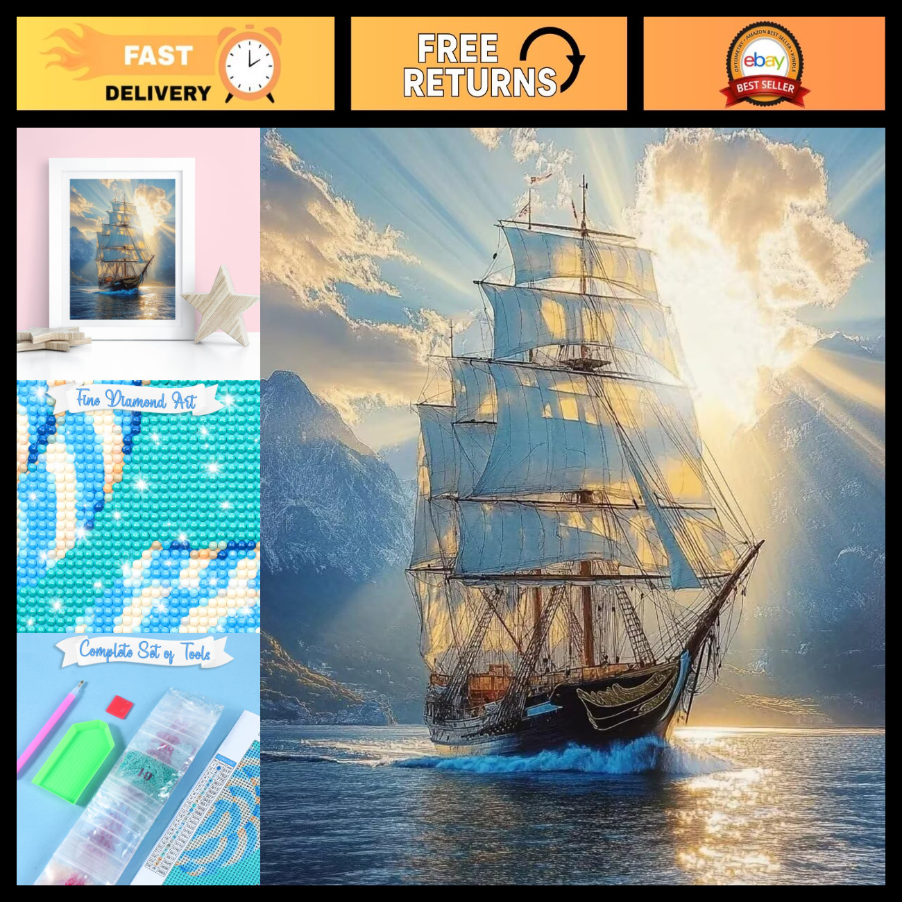 PUAGEMTI Diamond Painting Kits for Adults, 5D DIY Tall Sailing Ship Modern Diamo