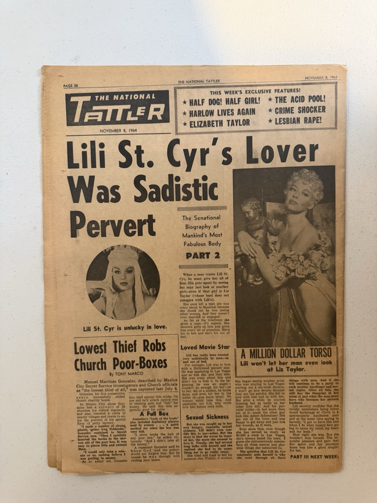 1964 November 8th The National Tattler Newspaper, Lili St. Cyr  (VRN10)