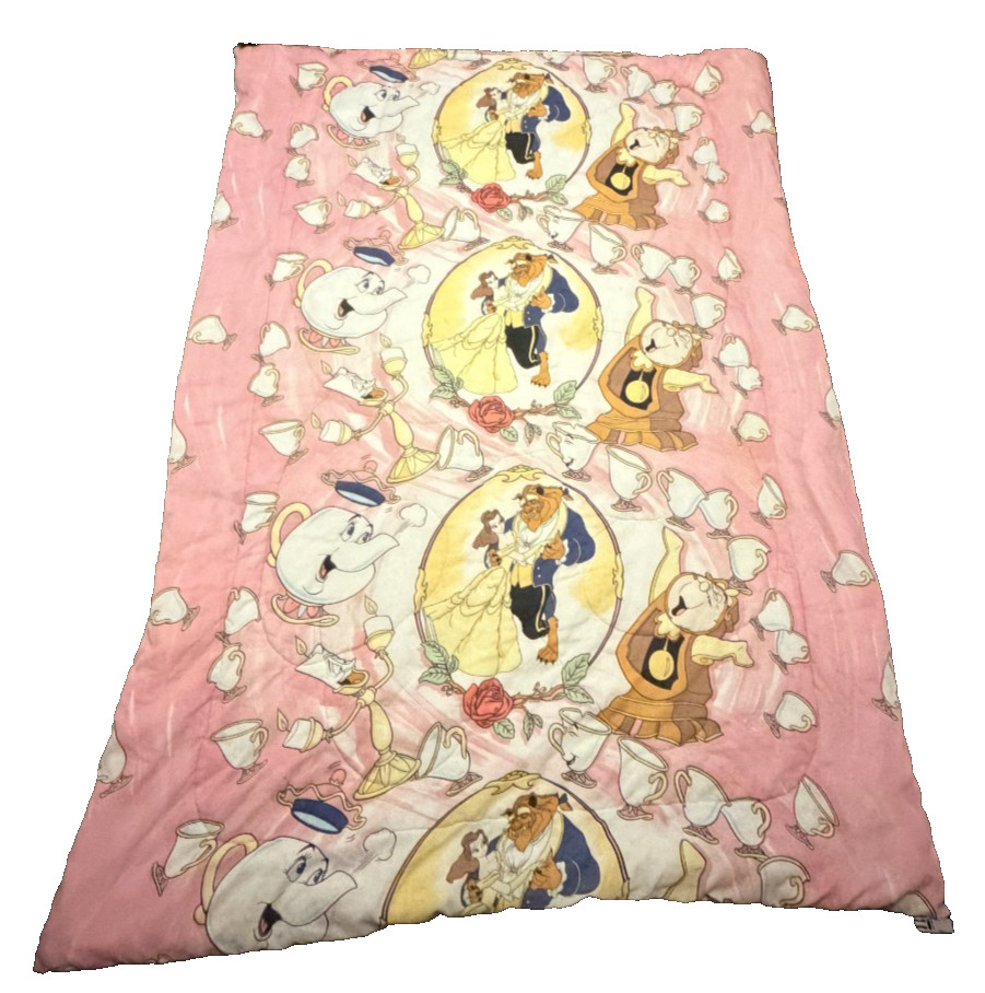 Vintage 1991 Disney Beauty and the Beast Comforter Twin82” x 62” Pink reversible