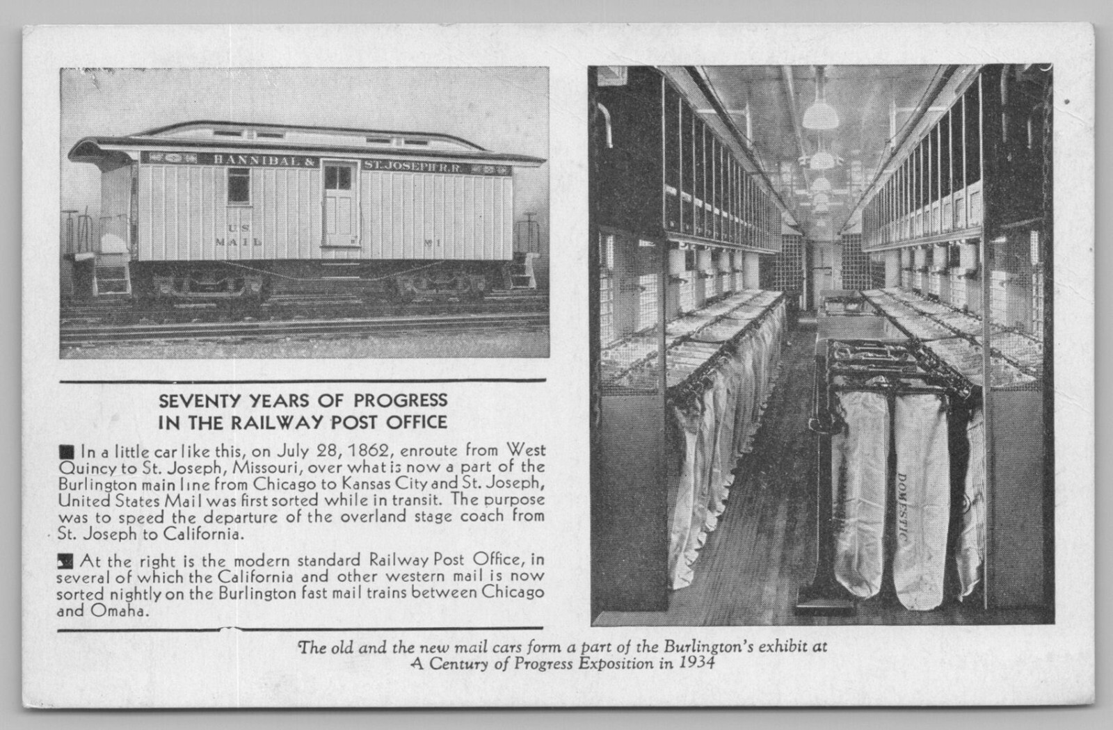 The Old and New Mail Cars, Burlington Exhibition 1934 Postcard TS-8A