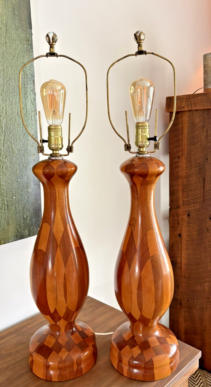 Set of Two Vintage Handcrafted Mid-Century Modern Parquetry Wood Lamps