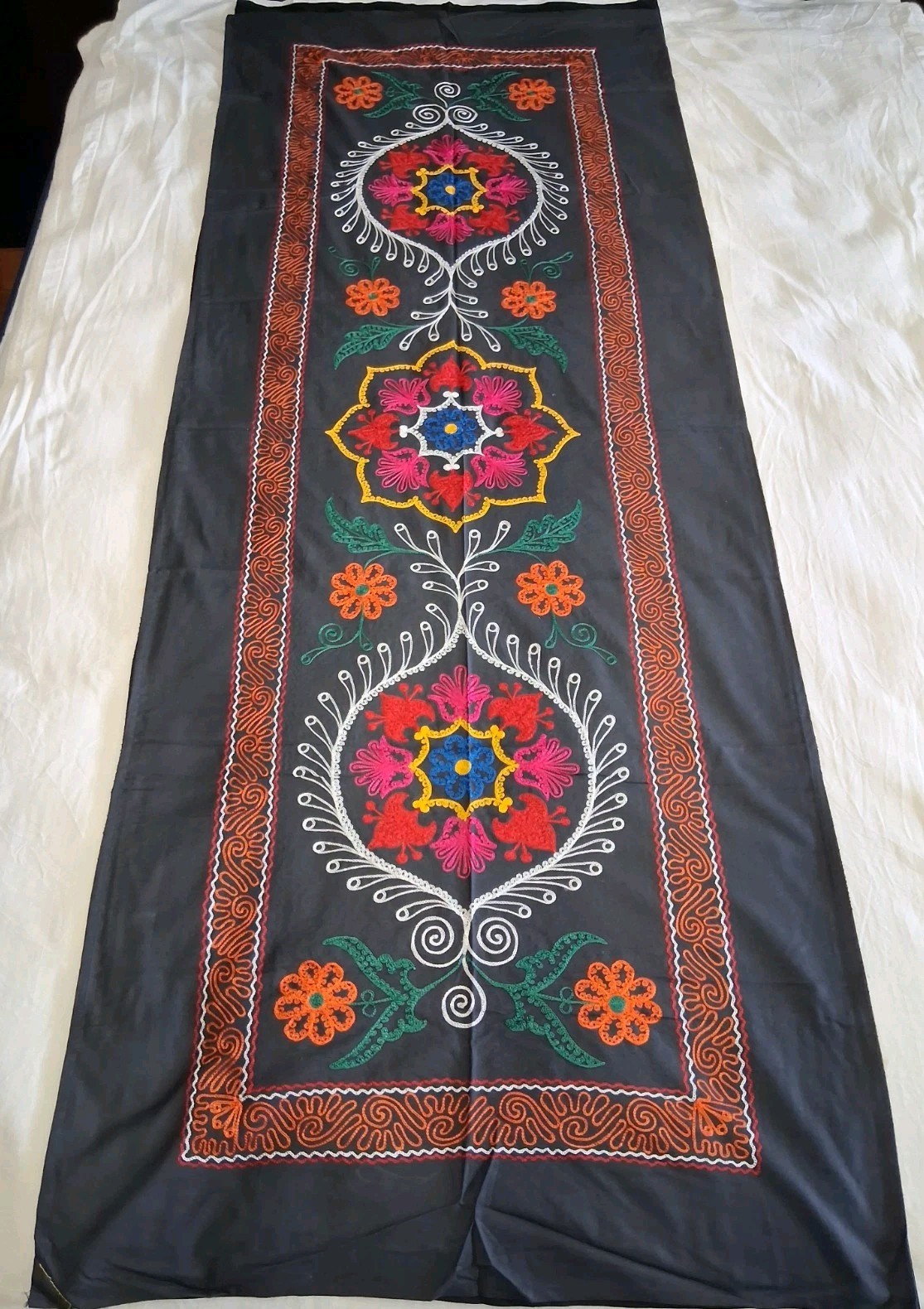 Suzani Black Fabric / Vintage Uzbek  Embroidery Table Cover Tapestry Rare 