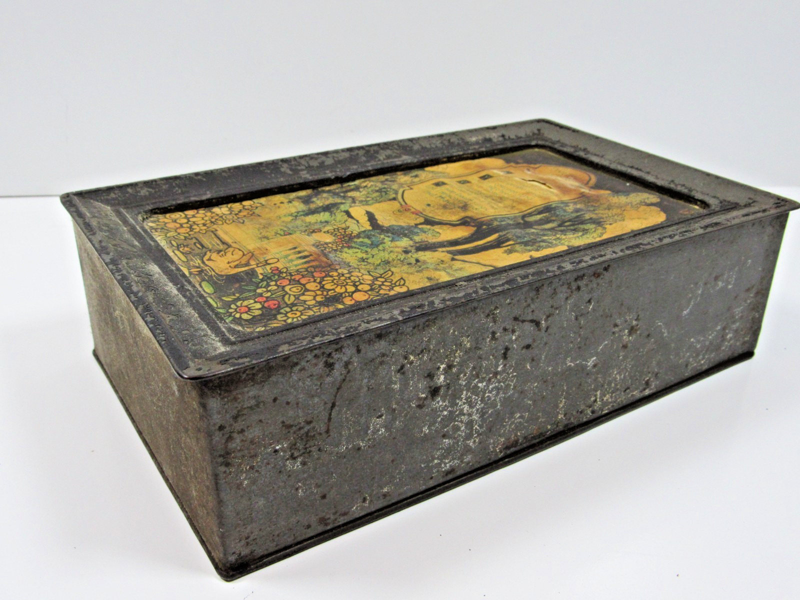 Antique Vtg Artstyle Chocolate Company Metal Tin Candy Box W/ Paper Label-ii