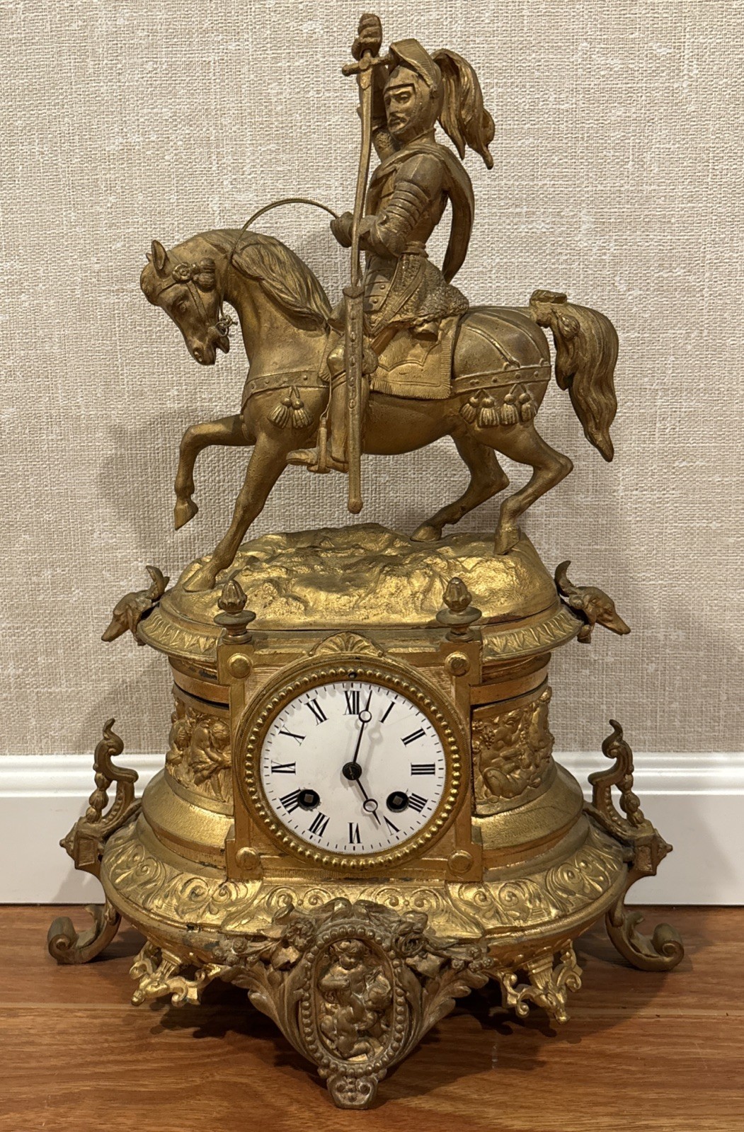 Antique Japy Freres Gold Gilt Spelter Statue Clock - Horse & Soldier - Running